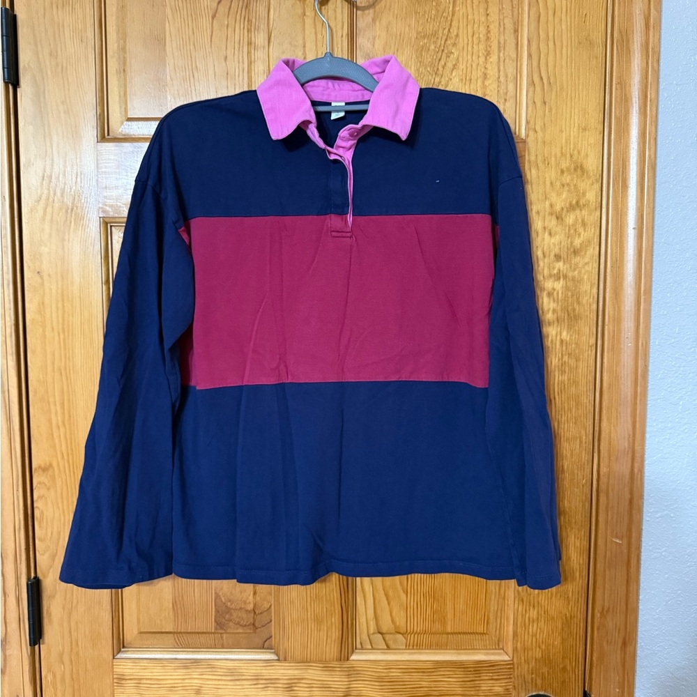 Men's BP Pink, Red, and Navy Blue Long Sleeve Polo Shirt Size Small